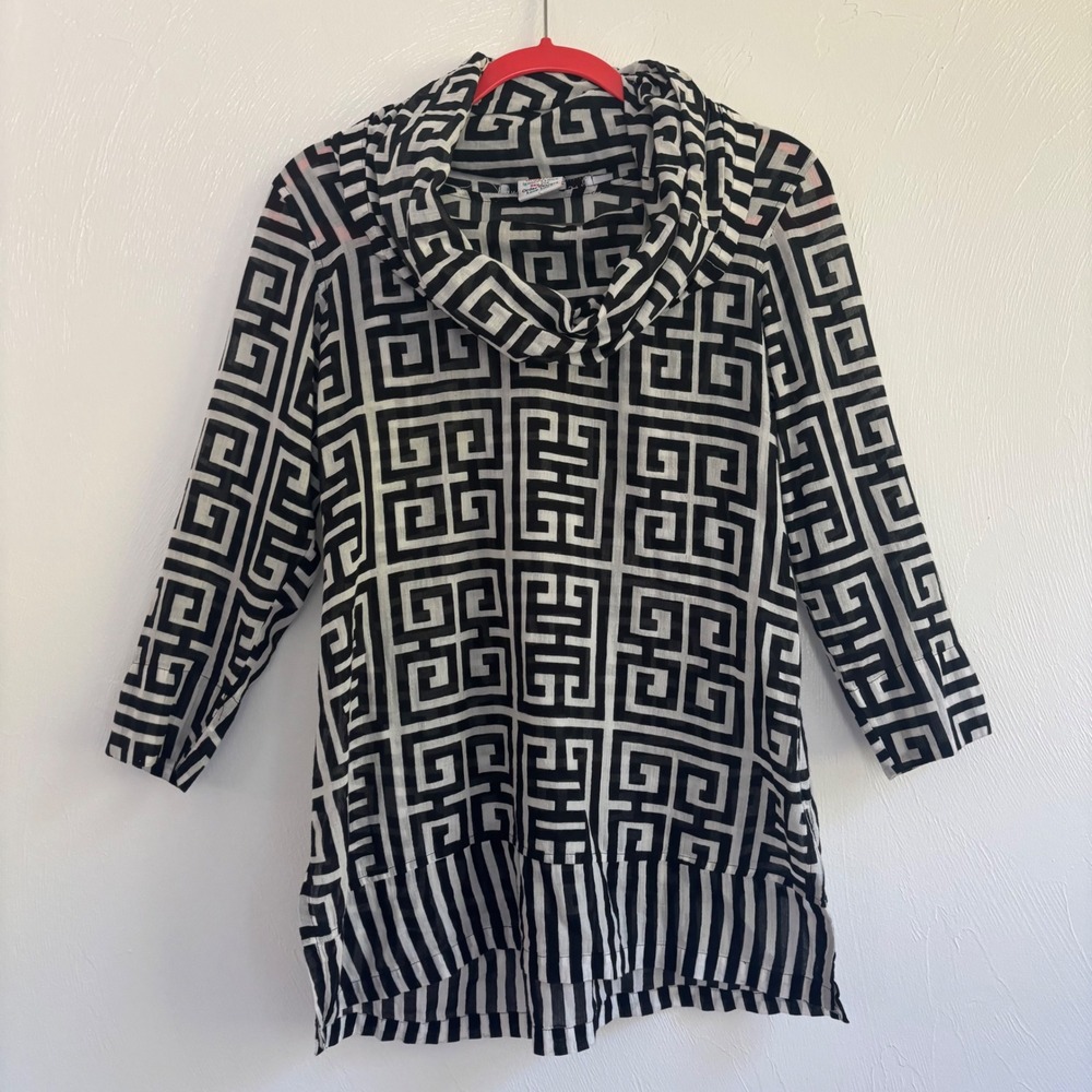 Gretchen Scott Black White Geometric Print Cowl Neck Tunic Top Small 100% Cotton